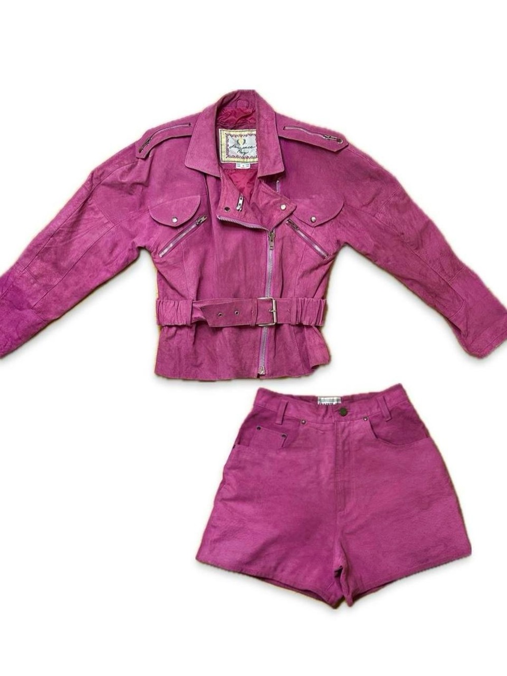 Vintage Pink Suede Bomber Jacket with Belt - Women